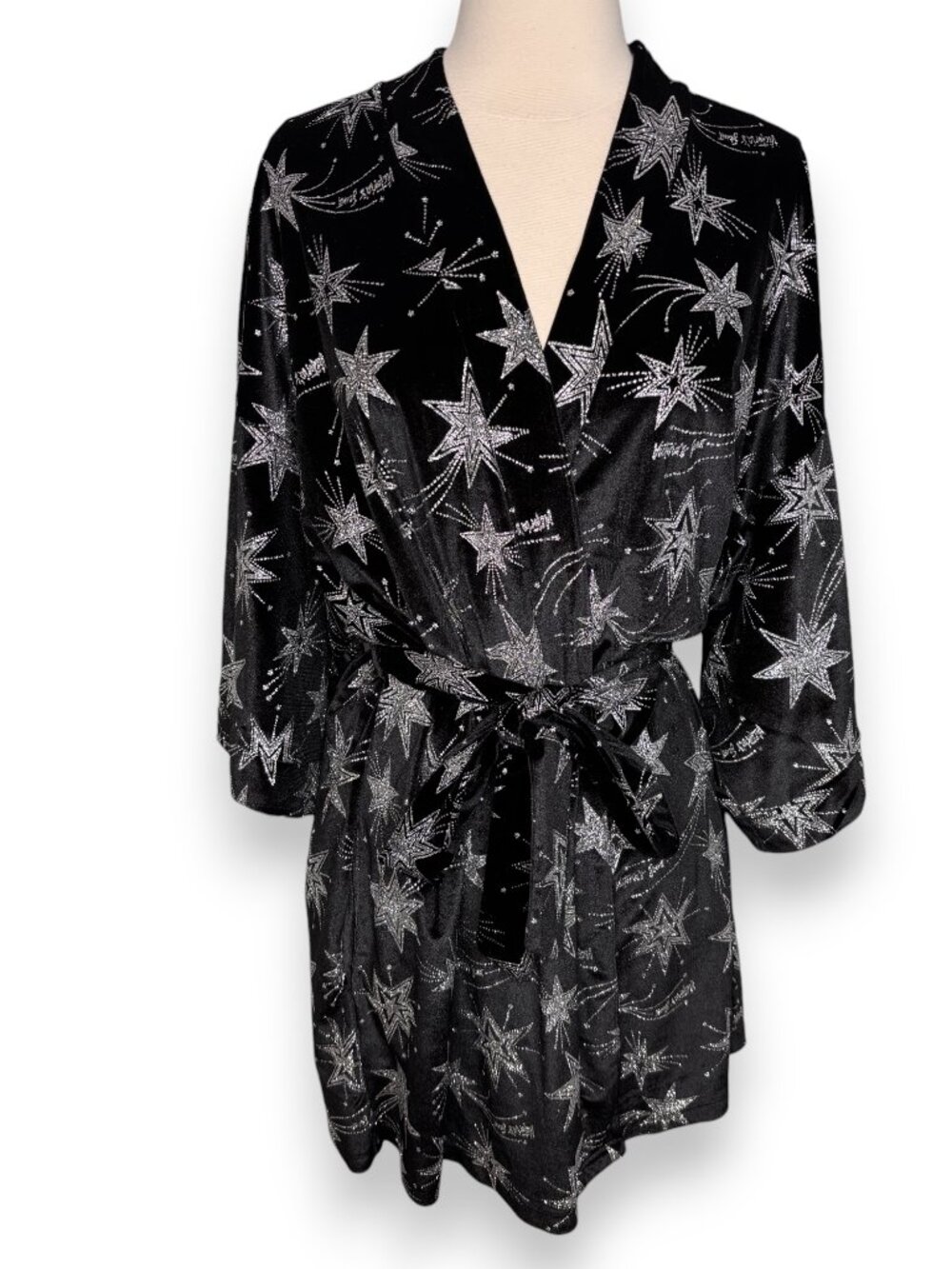 Victoria's Secret NWT Black Velvet Silver Glitter Floral Belted Robe Size M/L
